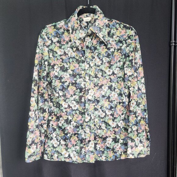 Vintage Tops - Vtg Lorisa Sheer Blouse Black Multi-Color Floral Print 1970s Button Up Top